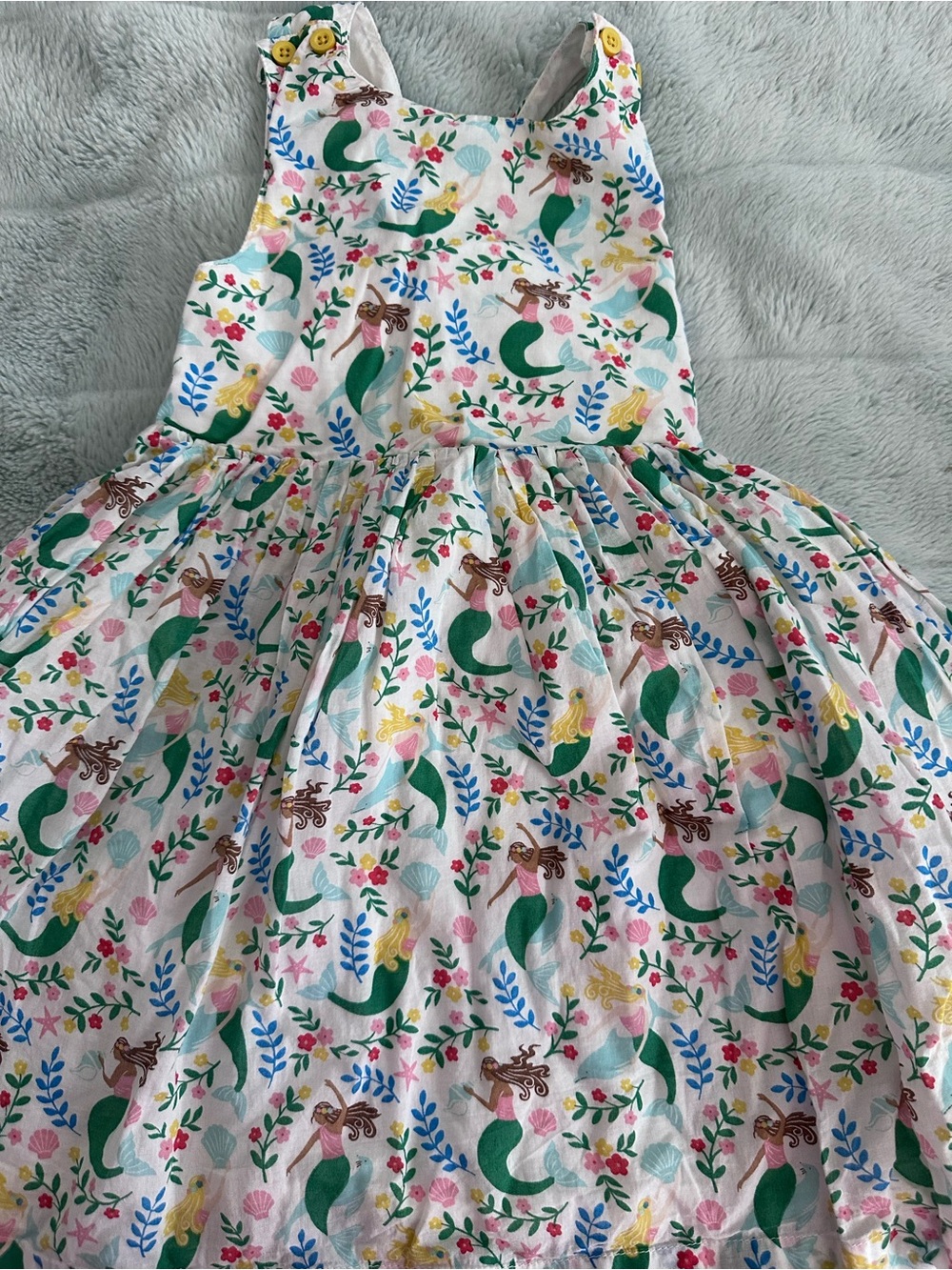 Mini Boden White Crossback Dress with Multicolor Floral and Mermaid Accents